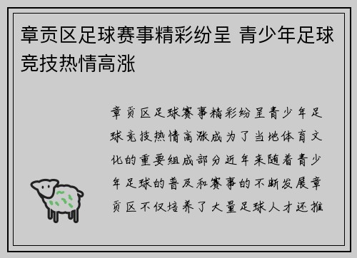 章贡区足球赛事精彩纷呈 青少年足球竞技热情高涨
