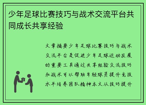 少年足球比赛技巧与战术交流平台共同成长共享经验