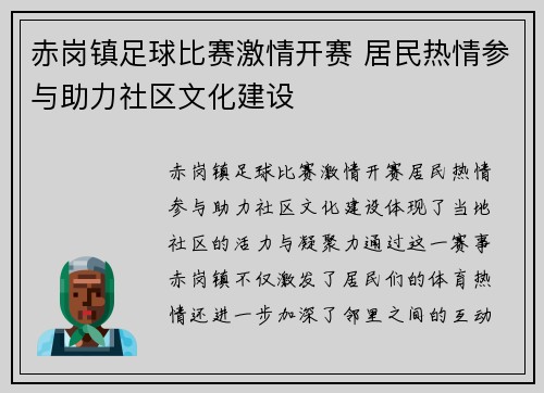 赤岗镇足球比赛激情开赛 居民热情参与助力社区文化建设