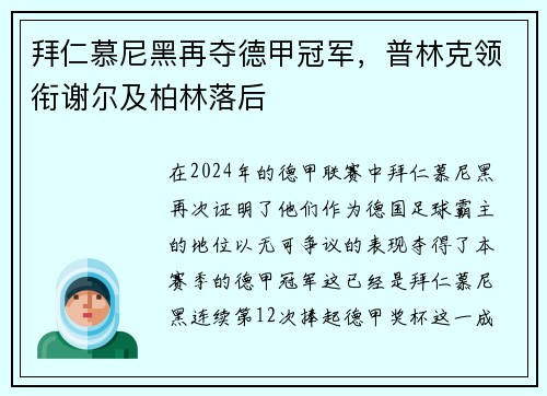 拜仁慕尼黑再夺德甲冠军，普林克领衔谢尔及柏林落后