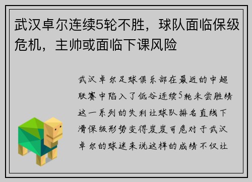 武汉卓尔连续5轮不胜，球队面临保级危机，主帅或面临下课风险