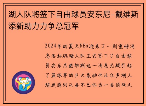 湖人队将签下自由球员安东尼-戴维斯添新助力力争总冠军