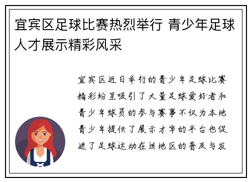 宜宾区足球比赛热烈举行 青少年足球人才展示精彩风采