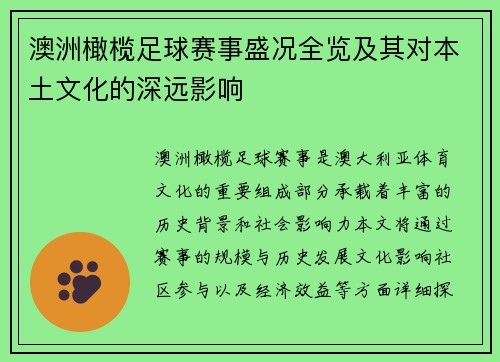 澳洲橄榄足球赛事盛况全览及其对本土文化的深远影响
