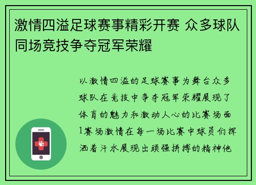 激情四溢足球赛事精彩开赛 众多球队同场竞技争夺冠军荣耀