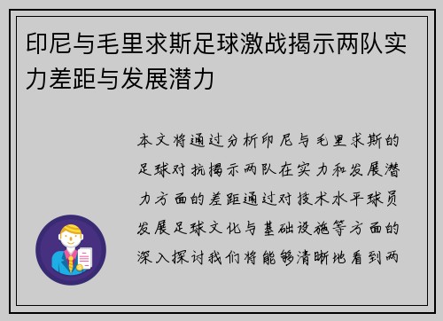 印尼与毛里求斯足球激战揭示两队实力差距与发展潜力