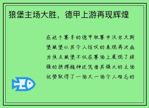 狼堡主场大胜，德甲上游再现辉煌