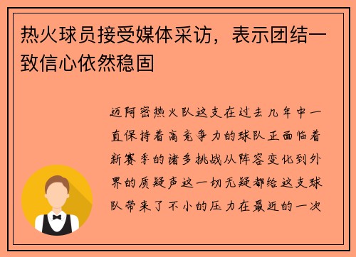 热火球员接受媒体采访，表示团结一致信心依然稳固