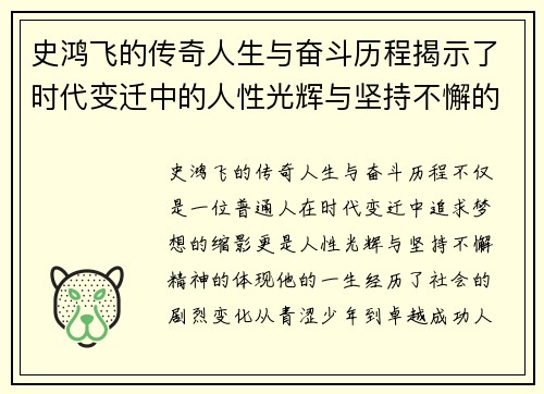 史鸿飞的传奇人生与奋斗历程揭示了时代变迁中的人性光辉与坚持不懈的精神