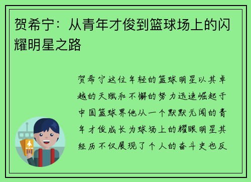 贺希宁：从青年才俊到篮球场上的闪耀明星之路