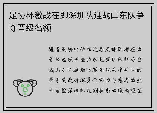 足协杯激战在即深圳队迎战山东队争夺晋级名额