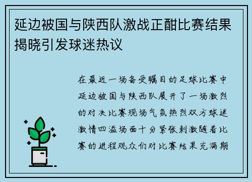 延边被国与陕西队激战正酣比赛结果揭晓引发球迷热议