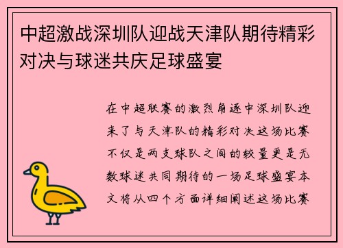 中超激战深圳队迎战天津队期待精彩对决与球迷共庆足球盛宴
