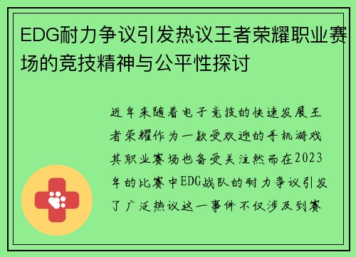 EDG耐力争议引发热议王者荣耀职业赛场的竞技精神与公平性探讨