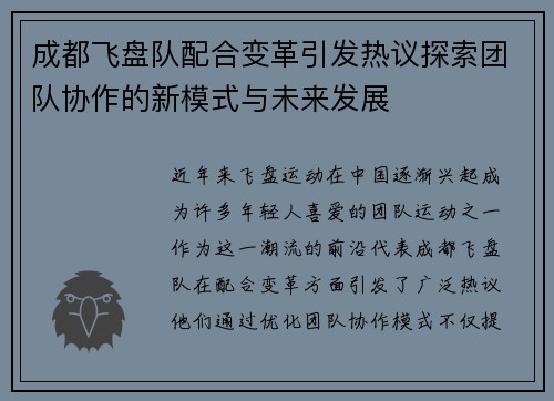 成都飞盘队配合变革引发热议探索团队协作的新模式与未来发展