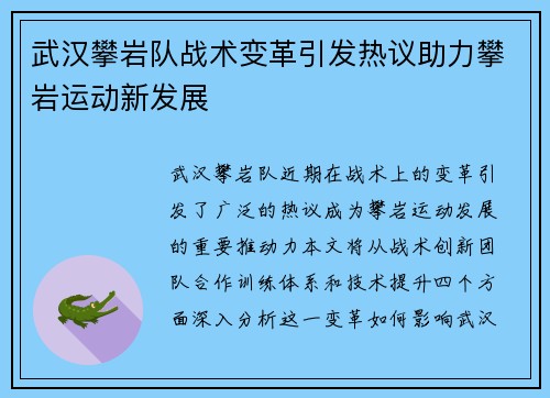 武汉攀岩队战术变革引发热议助力攀岩运动新发展